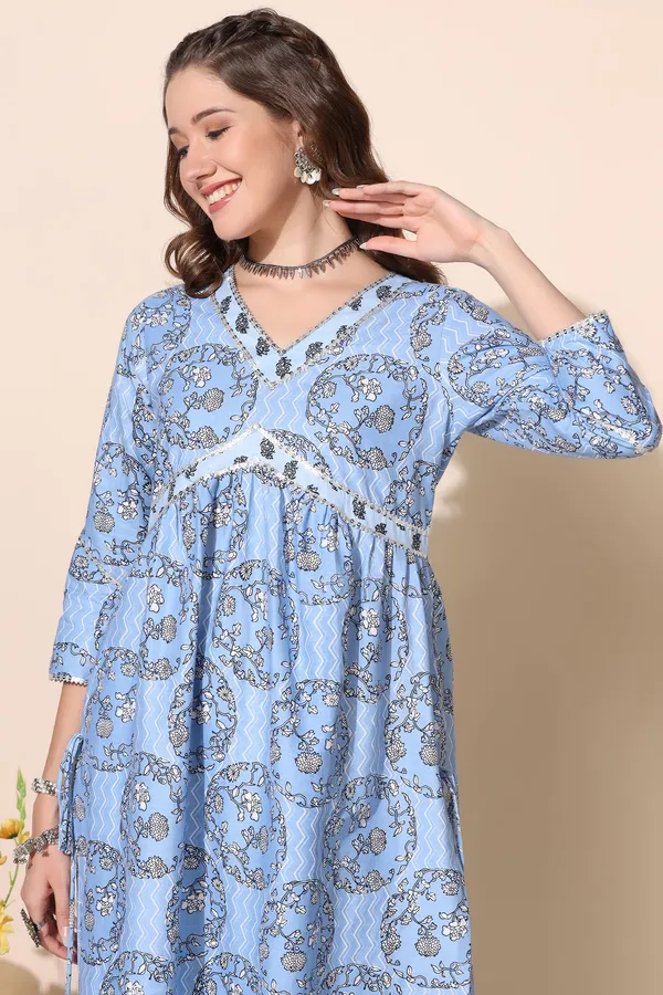 Blue_Cotton_Floral_Printed_Empire_Kurta_With_Pant_Set