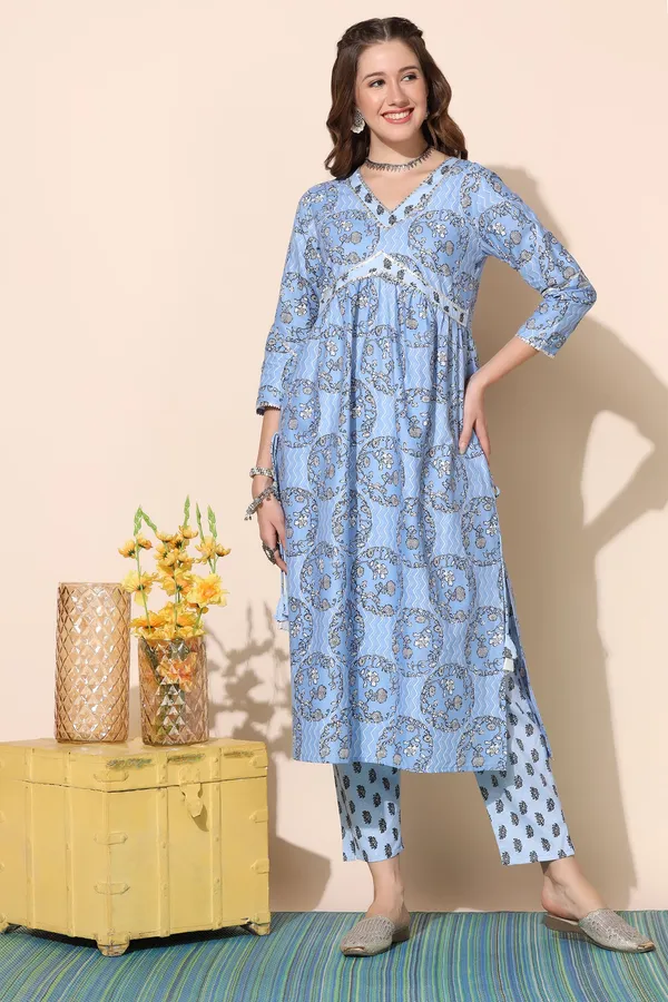 Blue_Cotton_Floral_Printed_Empire_Kurta_With_Pant_Set