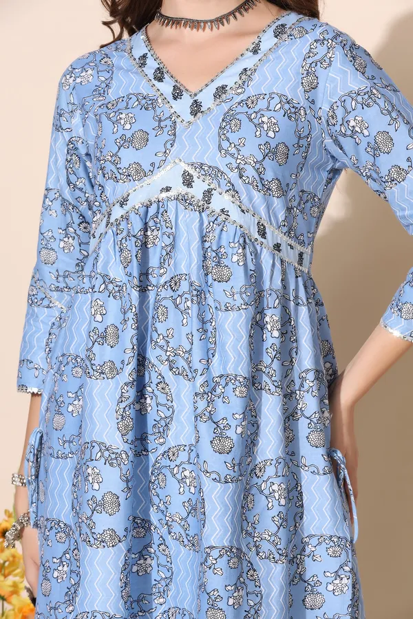 Blue_Cotton_Floral_Printed_Empire_Kurta_With_Pant_Set