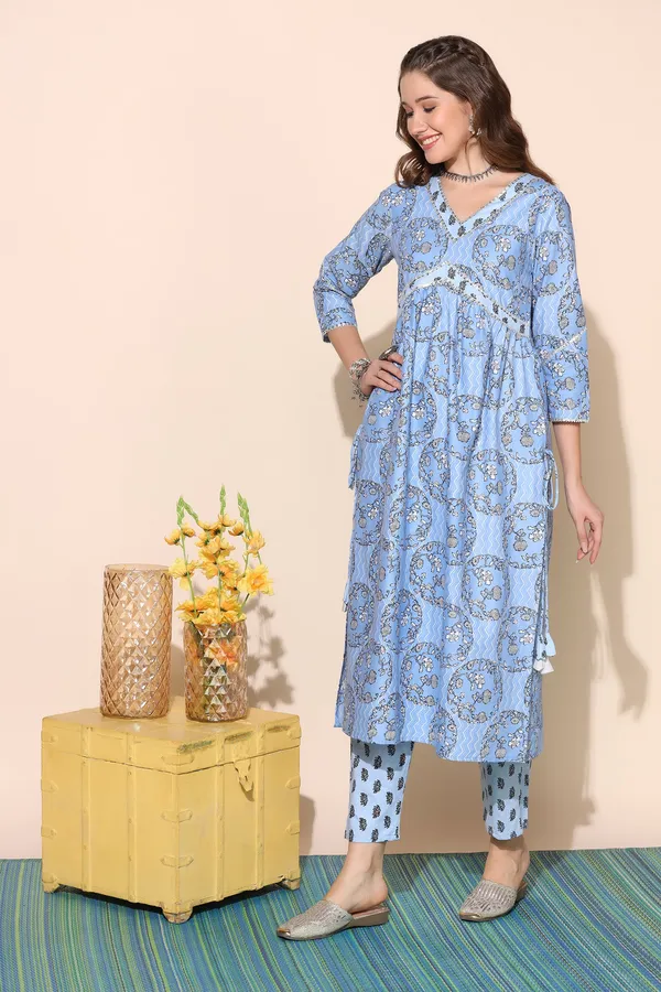 Blue_Cotton_Floral_Printed_Empire_Kurta_With_Pant_Set