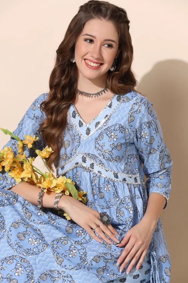 Blue_Cotton_Floral_Printed_Empire_Kurta_With_Pant_Set