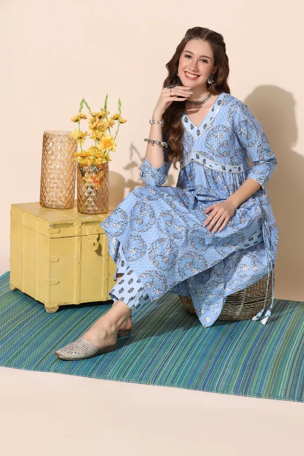 Blue_Cotton_Floral_Printed_Empire_Kurta_With_Pant_Set