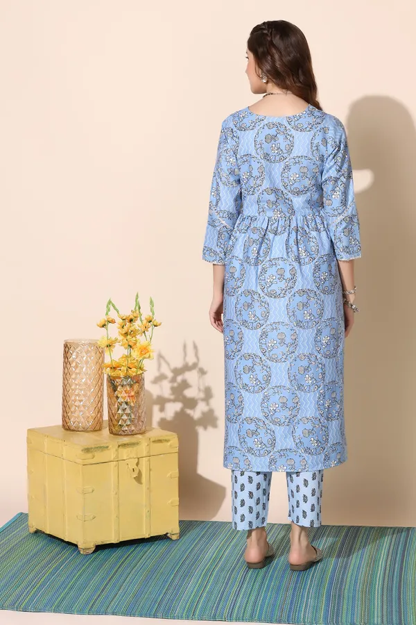 Blue_Cotton_Floral_Printed_Empire_Kurta_With_Pant_Set