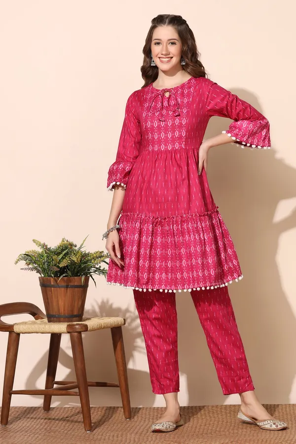 Pink_Cotton_Ikat_Printed_Tiered_Kurta_And_Pant_Set