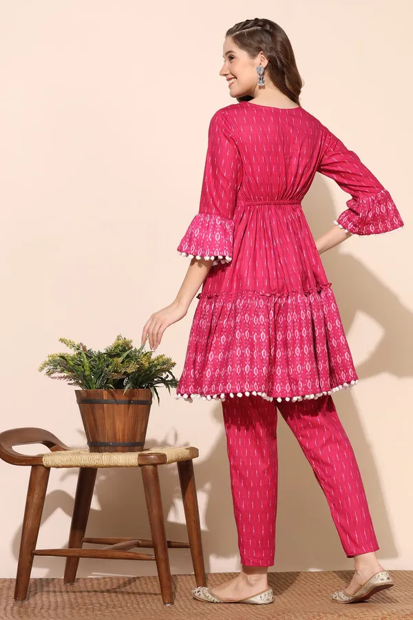Pink_Cotton_Ikat_Printed_Tiered_Kurta_And_Pant_Set