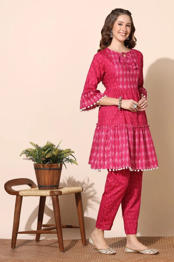 Pink_Cotton_Ikat_Printed_Tiered_Kurta_And_Pant_Set