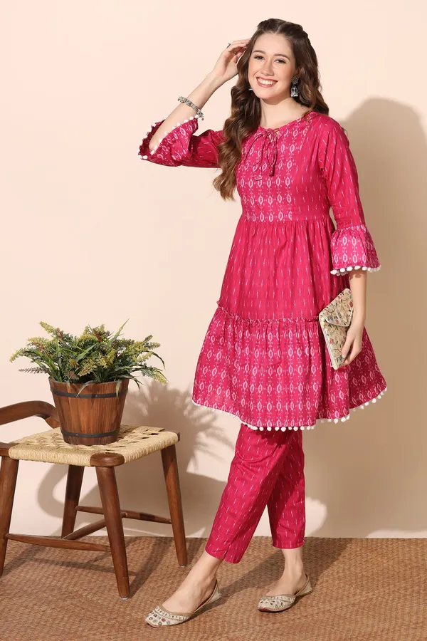 Pink_Cotton_Ikat_Printed_Tiered_Kurta_And_Pant_Set