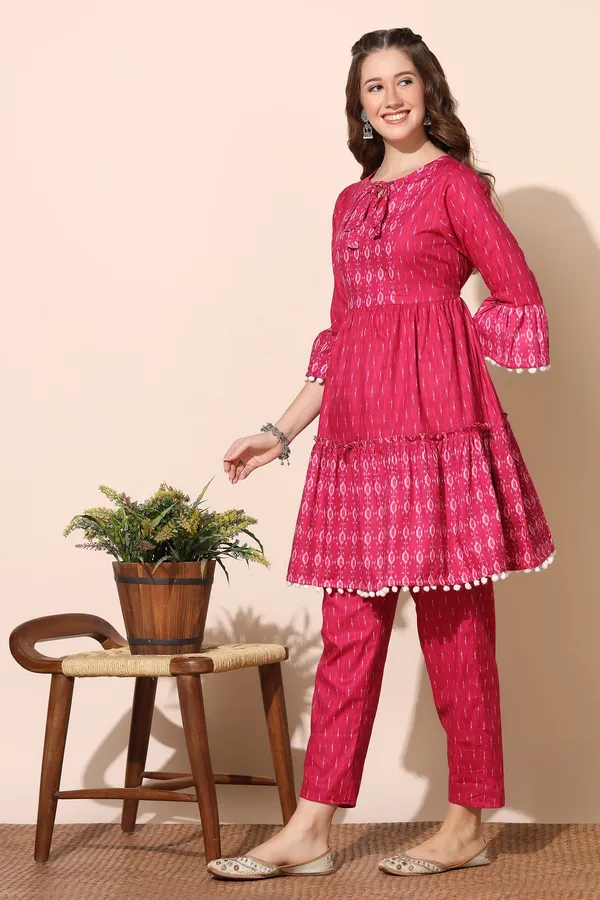Pink_Cotton_Ikat_Printed_Tiered_Kurta_And_Pant_Set