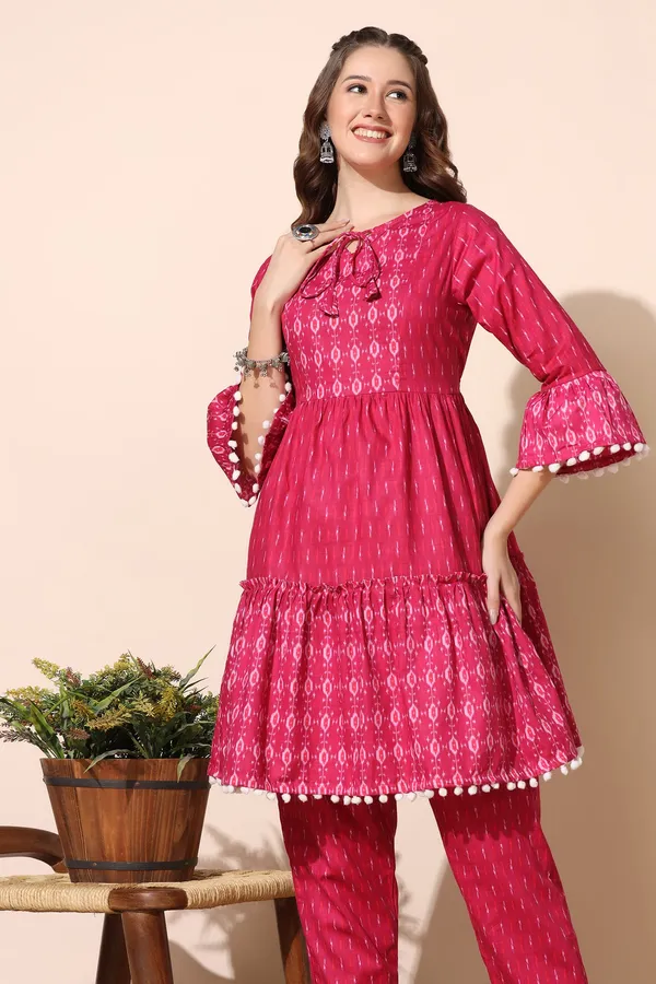 Pink_Cotton_Ikat_Printed_Tiered_Kurta_And_Pant_Set