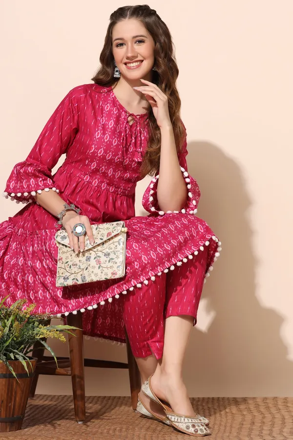 Pink_Cotton_Ikat_Printed_Tiered_Kurta_And_Pant_Set