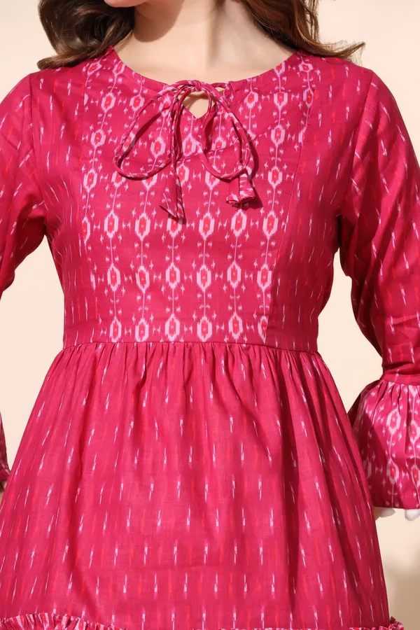 Pink_Cotton_Ikat_Printed_Tiered_Kurta_And_Pant_Set