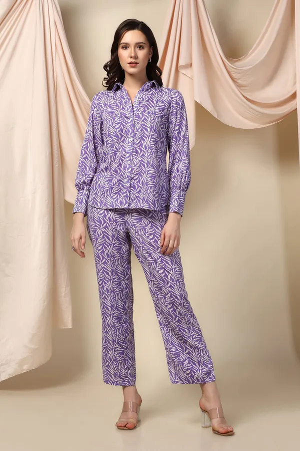 Purple_Polyester_Leaf_Printed_Top_With_Trouser_Set_For_Women