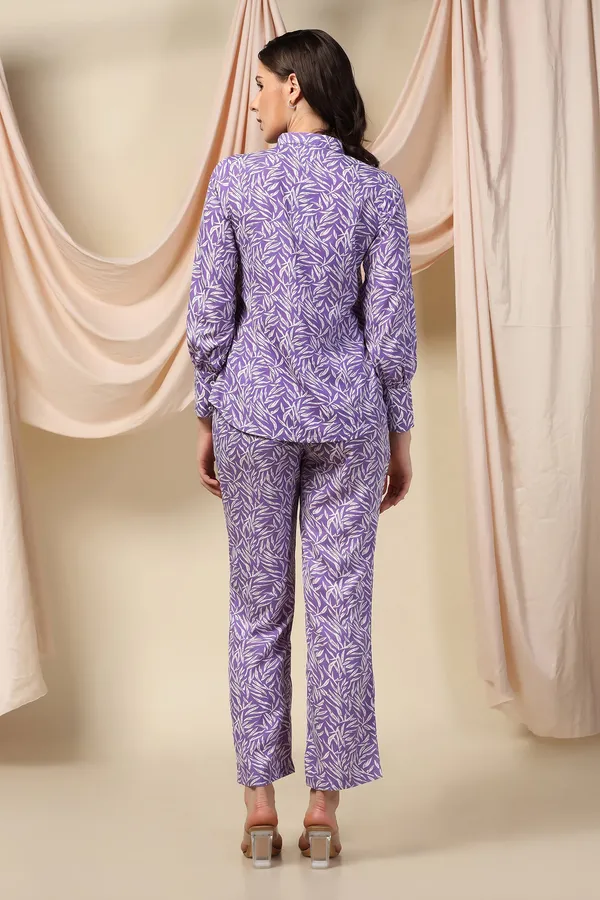 Purple_Polyester_Leaf_Printed_Top_With_Trouser_Set_For_Women
