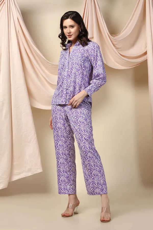 Purple_Polyester_Leaf_Printed_Top_With_Trouser_Set_For_Women