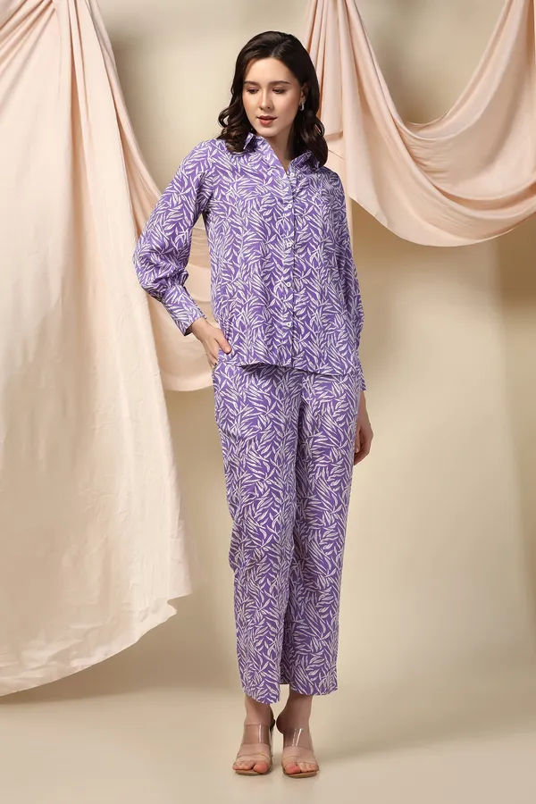 Purple_Polyester_Leaf_Printed_Top_With_Trouser_Set_For_Women