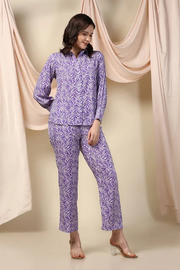 Purple_Polyester_Leaf_Printed_Top_With_Trouser_Set_For_Women