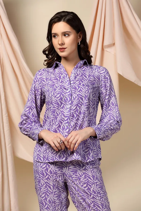 Purple_Polyester_Leaf_Printed_Top_With_Trouser_Set_For_Women
