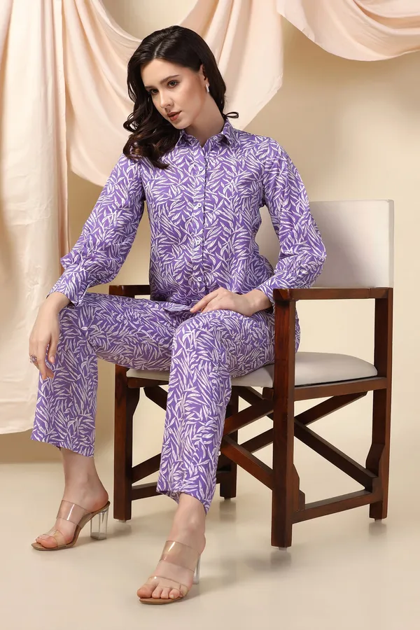 Purple_Polyester_Leaf_Printed_Top_With_Trouser_Set_For_Women