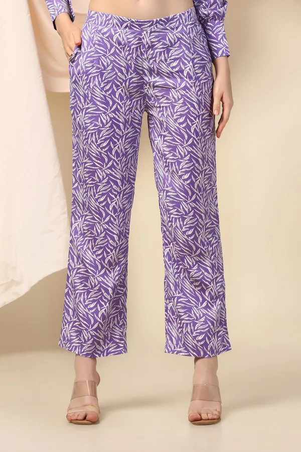 Purple_Polyester_Leaf_Printed_Top_With_Trouser_Set_For_Women