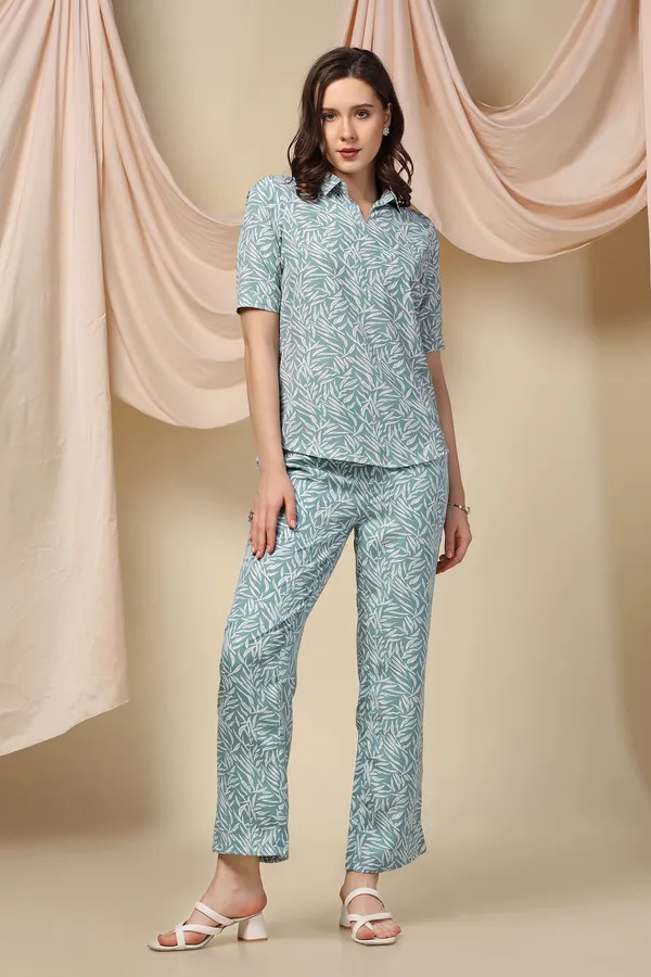 Sea_Green_Polyster_Leaf_Printed_Top_And_Pant_Set