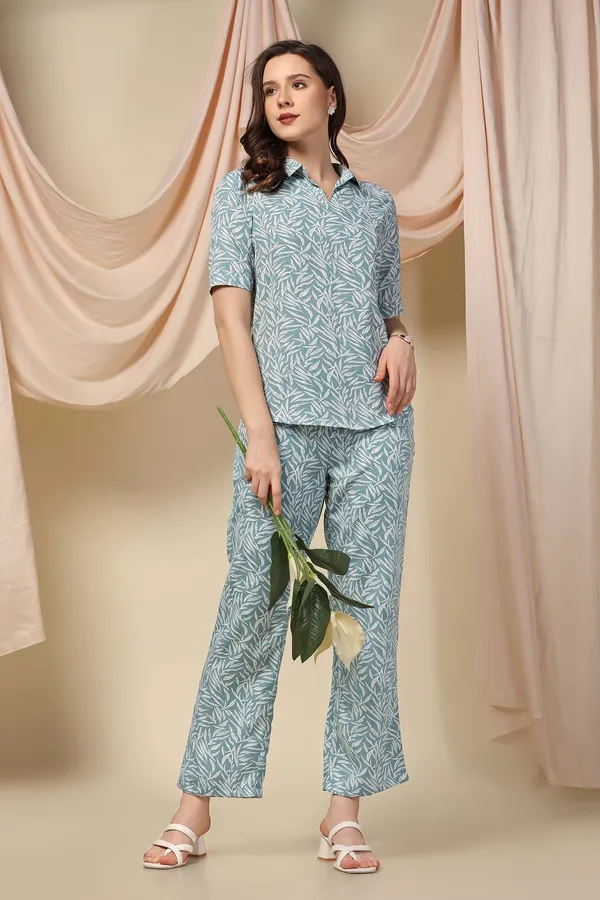 Sea_Green_Polyster_Leaf_Printed_Top_And_Pant_Set