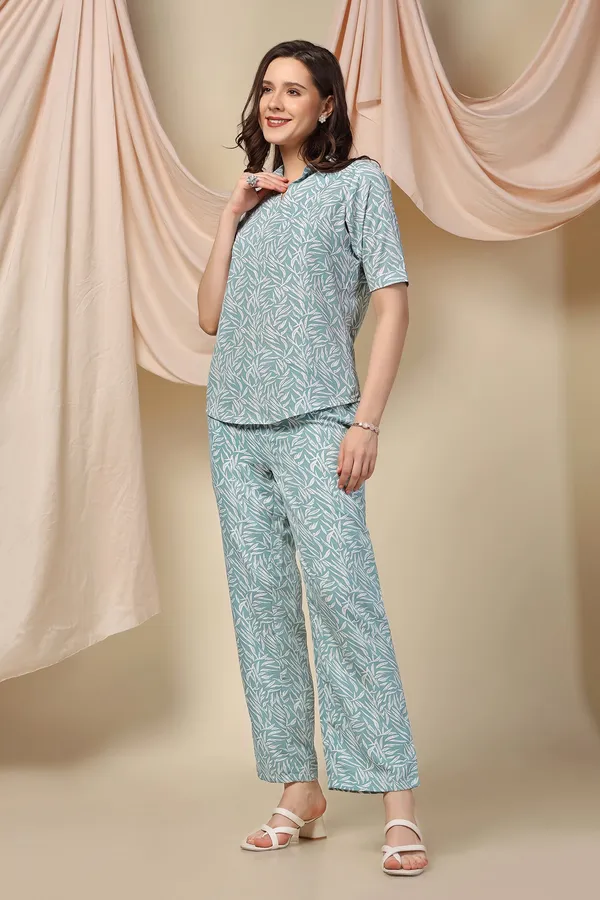 Sea_Green_Polyster_Leaf_Printed_Top_And_Pant_Set