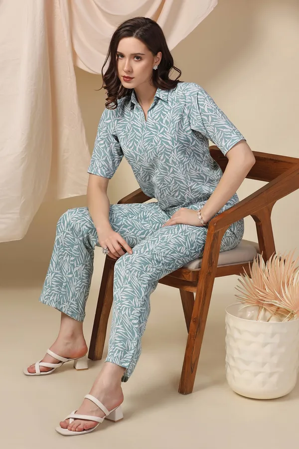 Sea_Green_Polyster_Leaf_Printed_Top_And_Pant_Set