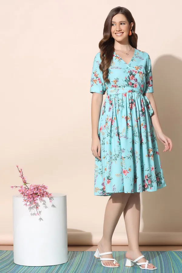 Sky_Blue_Polyeste_Floral_Print_Dress_For_Women