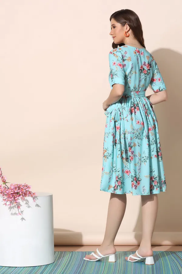 Sky_Blue_Polyeste_Floral_Print_Dress_For_Women