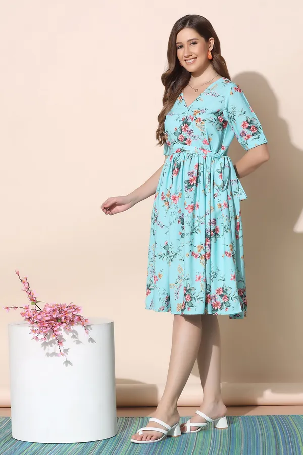 Sky_Blue_Polyeste_Floral_Print_Dress_For_Women