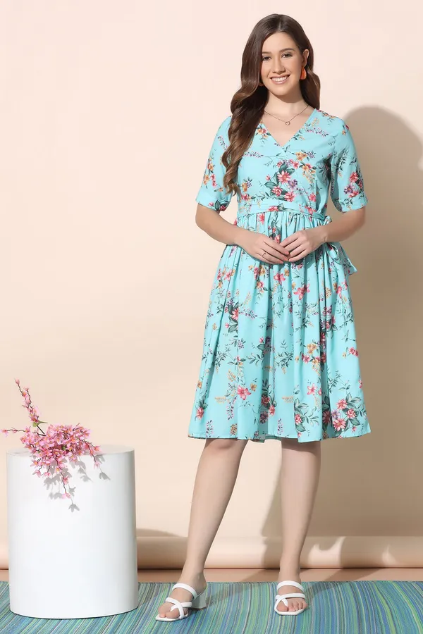 Sky_Blue_Polyeste_Floral_Print_Dress_For_Women