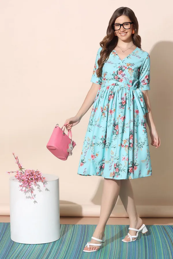 Sky_Blue_Polyeste_Floral_Print_Dress_For_Women