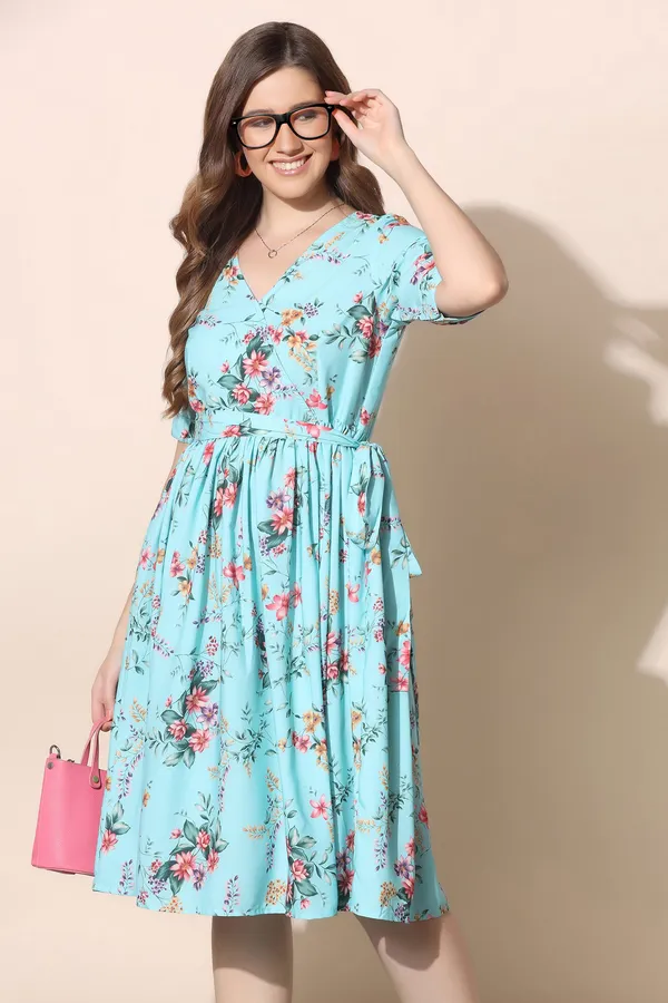 Sky_Blue_Polyeste_Floral_Print_Dress_For_Women