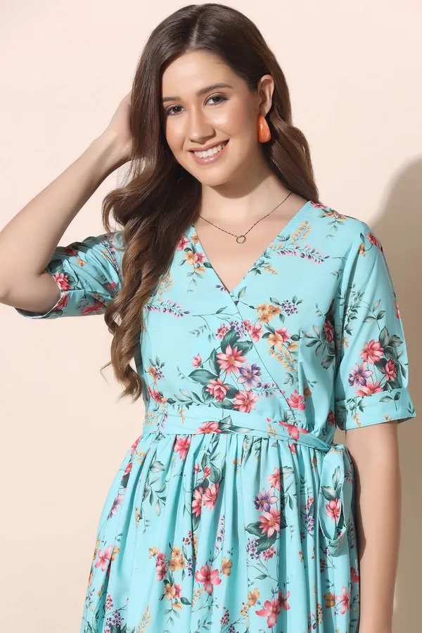 Sky_Blue_Polyeste_Floral_Print_Dress_For_Women