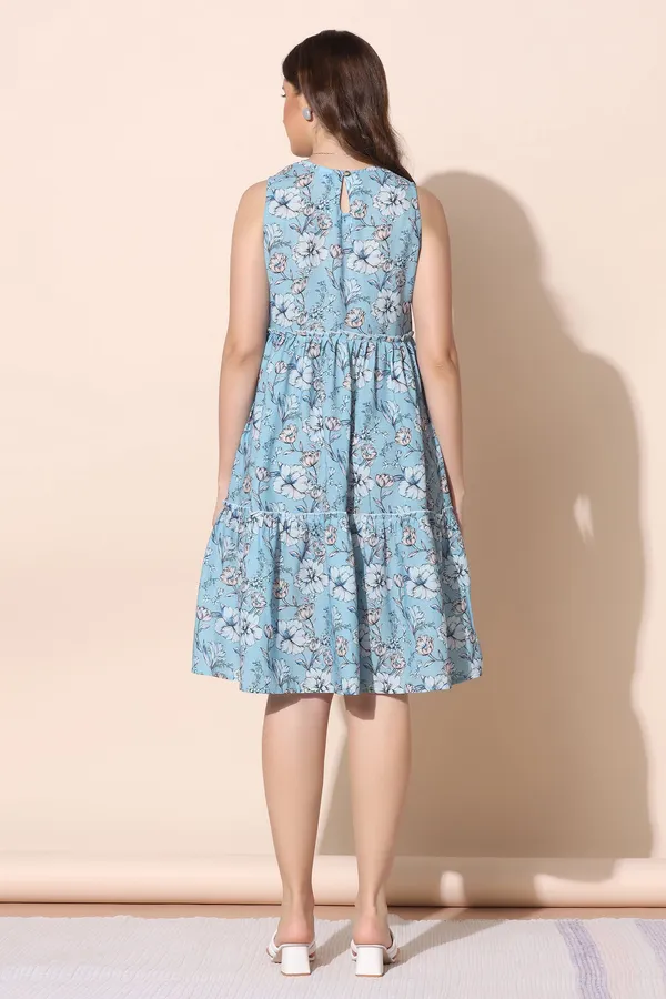 Powder_Blue_Polyester_Floral_Print_Dress_For_Women