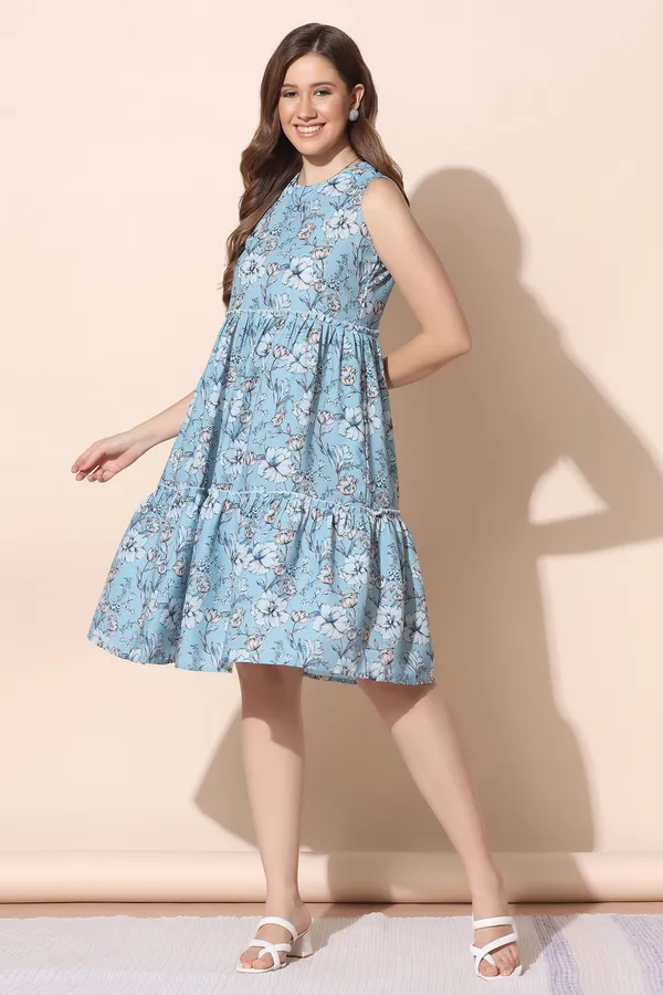 Powder_Blue_Polyester_Floral_Print_Dress_For_Women