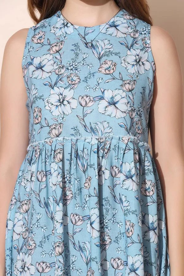 Powder_Blue_Polyester_Floral_Print_Dress_For_Women