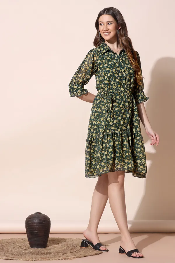 Olive_Georgette_Floral_Print_Front_Fastening_Dress_For_Women