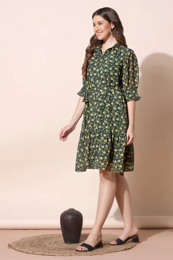 Olive_Georgette_Floral_Print_Front_Fastening_Dress_For_Women