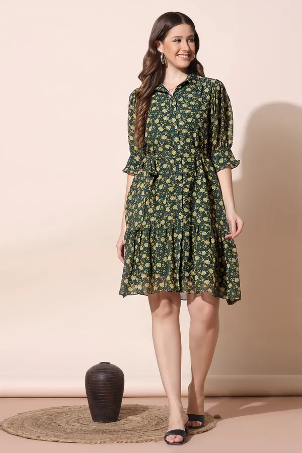Olive_Georgette_Floral_Print_Front_Fastening_Dress_For_Women