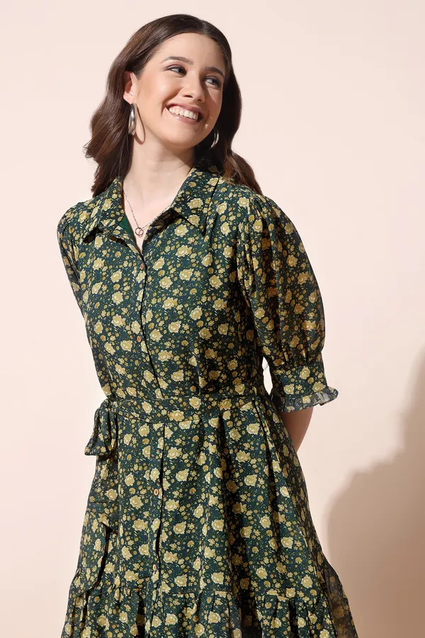 Olive_Georgette_Floral_Print_Front_Fastening_Dress_For_Women