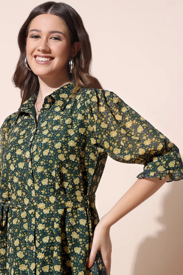 Olive_Georgette_Floral_Print_Front_Fastening_Dress_For_Women