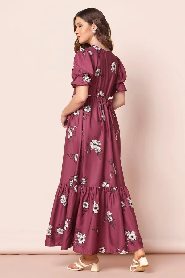 Maroon_Crepe_Floral_Print_Tiered_Dress_For_Women