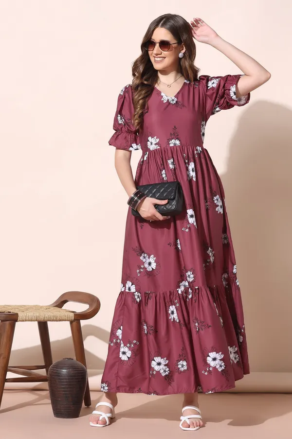 Maroon_Crepe_Floral_Print_Tiered_Dress_For_Women