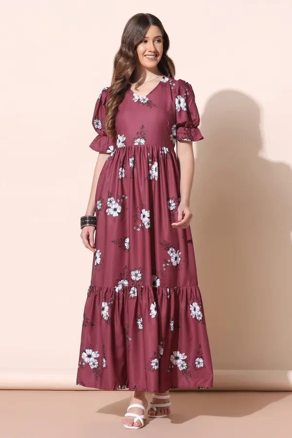 Maroon_Crepe_Floral_Print_Tiered_Dress_For_Women