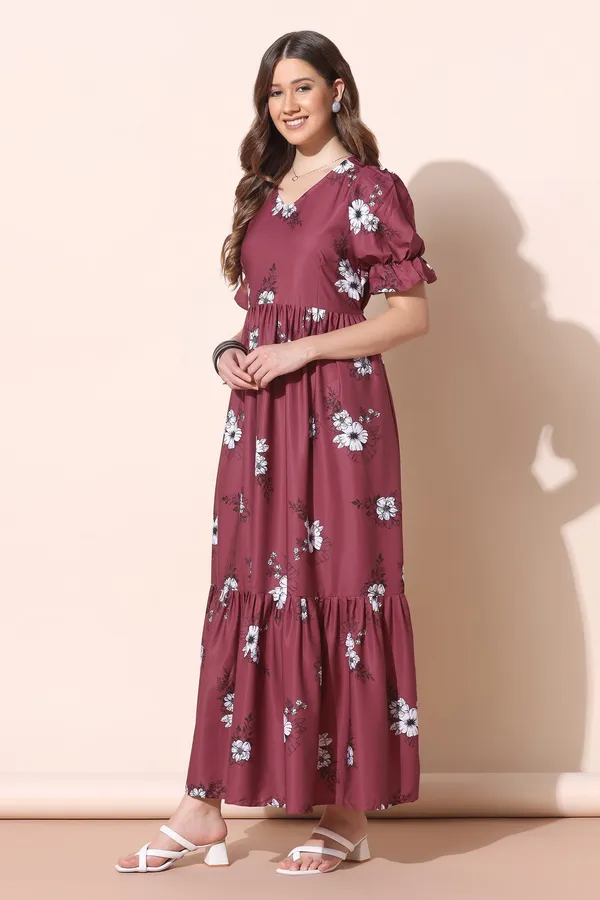 Maroon_Crepe_Floral_Print_Tiered_Dress_For_Women