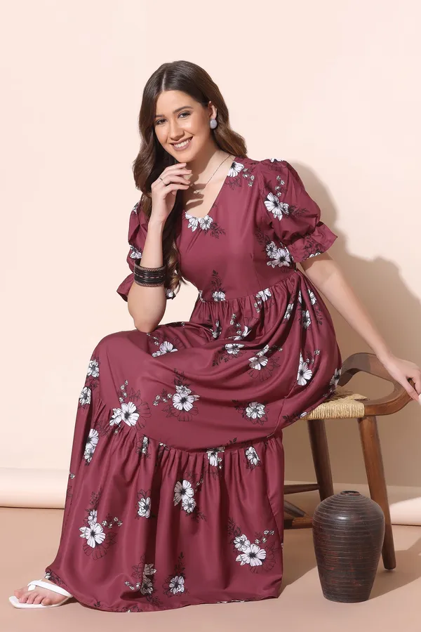 Maroon_Crepe_Floral_Print_Tiered_Dress_For_Women