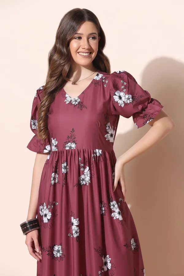 Maroon_Crepe_Floral_Print_Tiered_Dress_For_Women