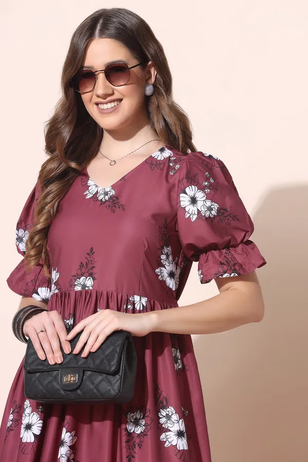 Maroon_Crepe_Floral_Print_Tiered_Dress_For_Women