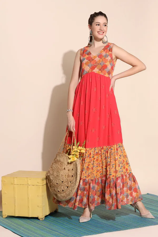 Red_Georgette_Motif_Print_Tiered_Maxi_Dress_For_Women